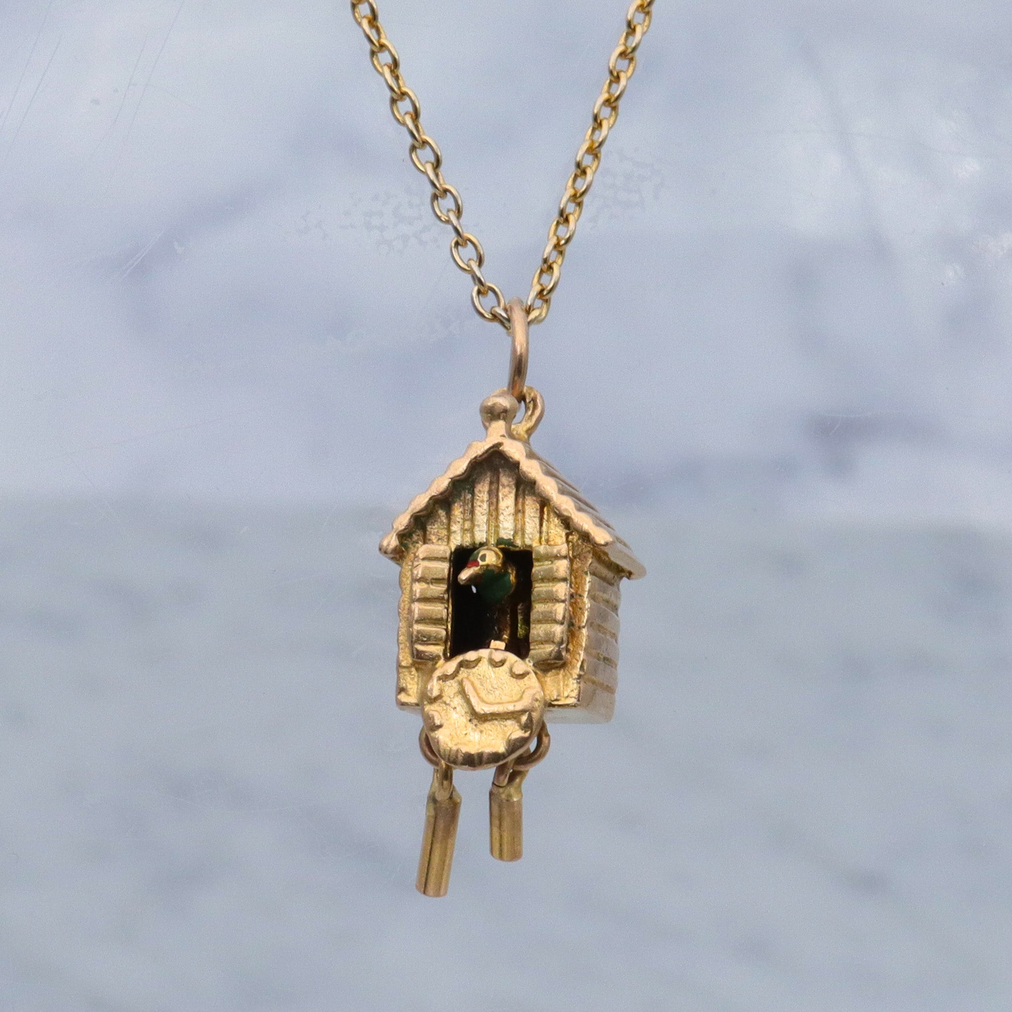 Vintage English 9k gold moving painted cuckoo clock charm pendant